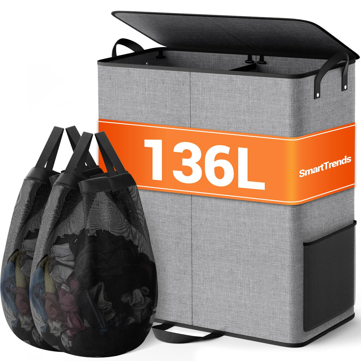 SmartTrends laundry hamper with dual compartments and lid for organized sorting.