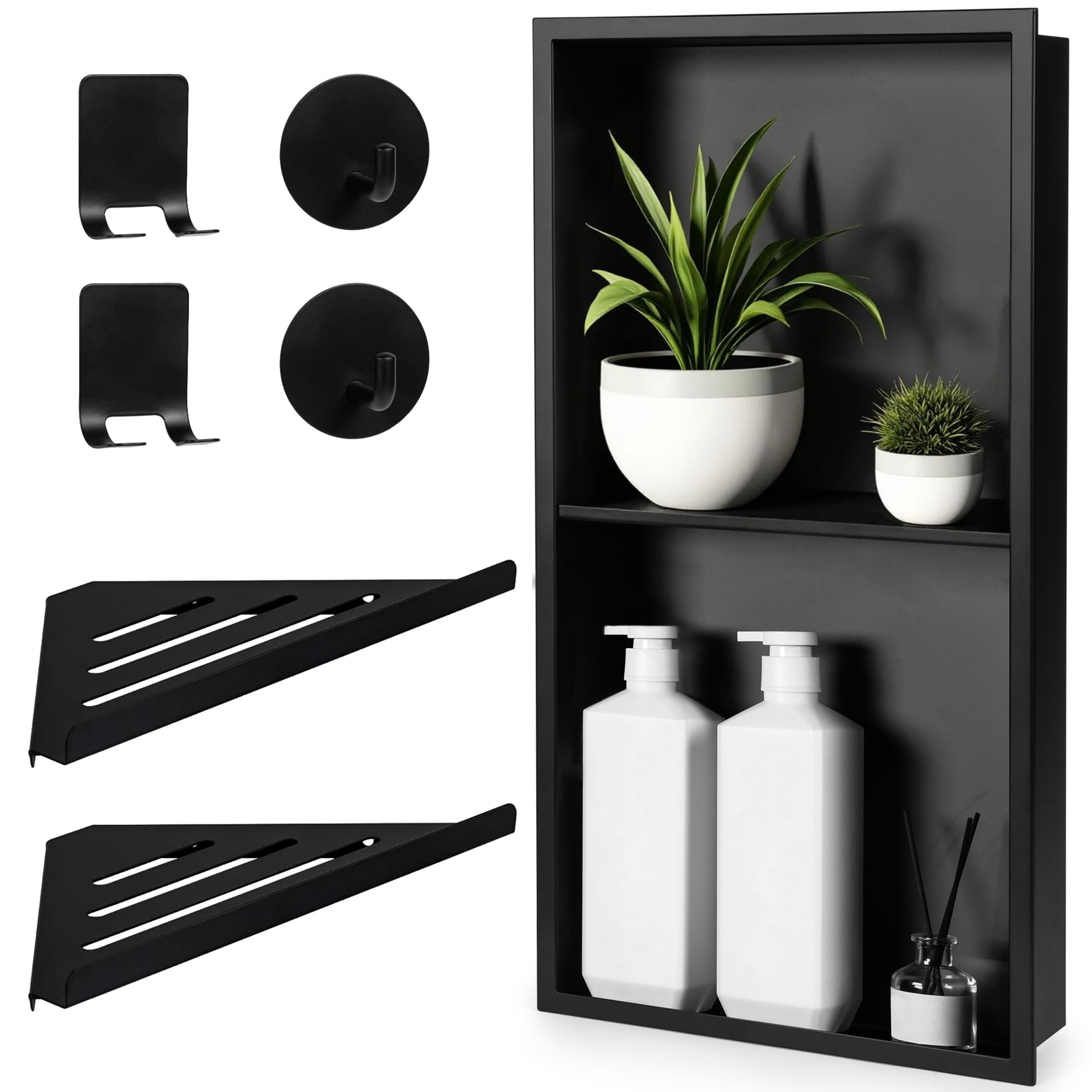 Smarvara stainless steel niche, matte black interior for organized shower storage.