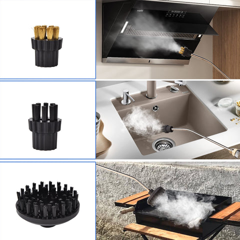 SMAYDA handheld steamer used on kitchen range hood and stove.