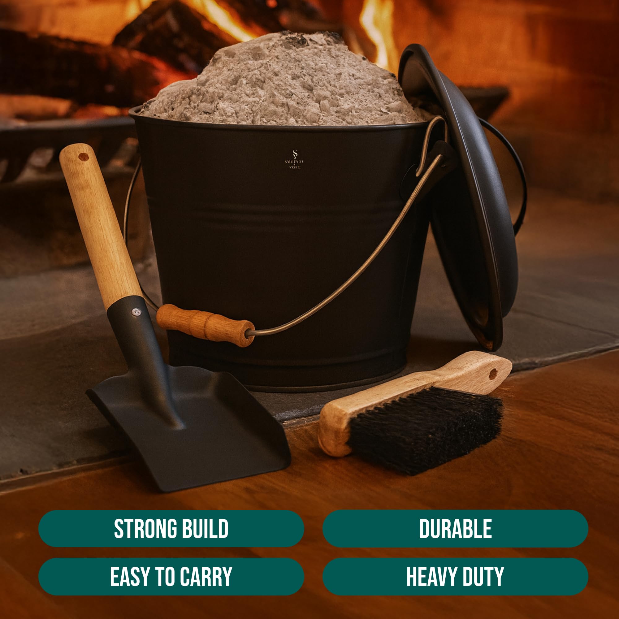 Smedley York ash bucket shows side pocket for shovel and brush.