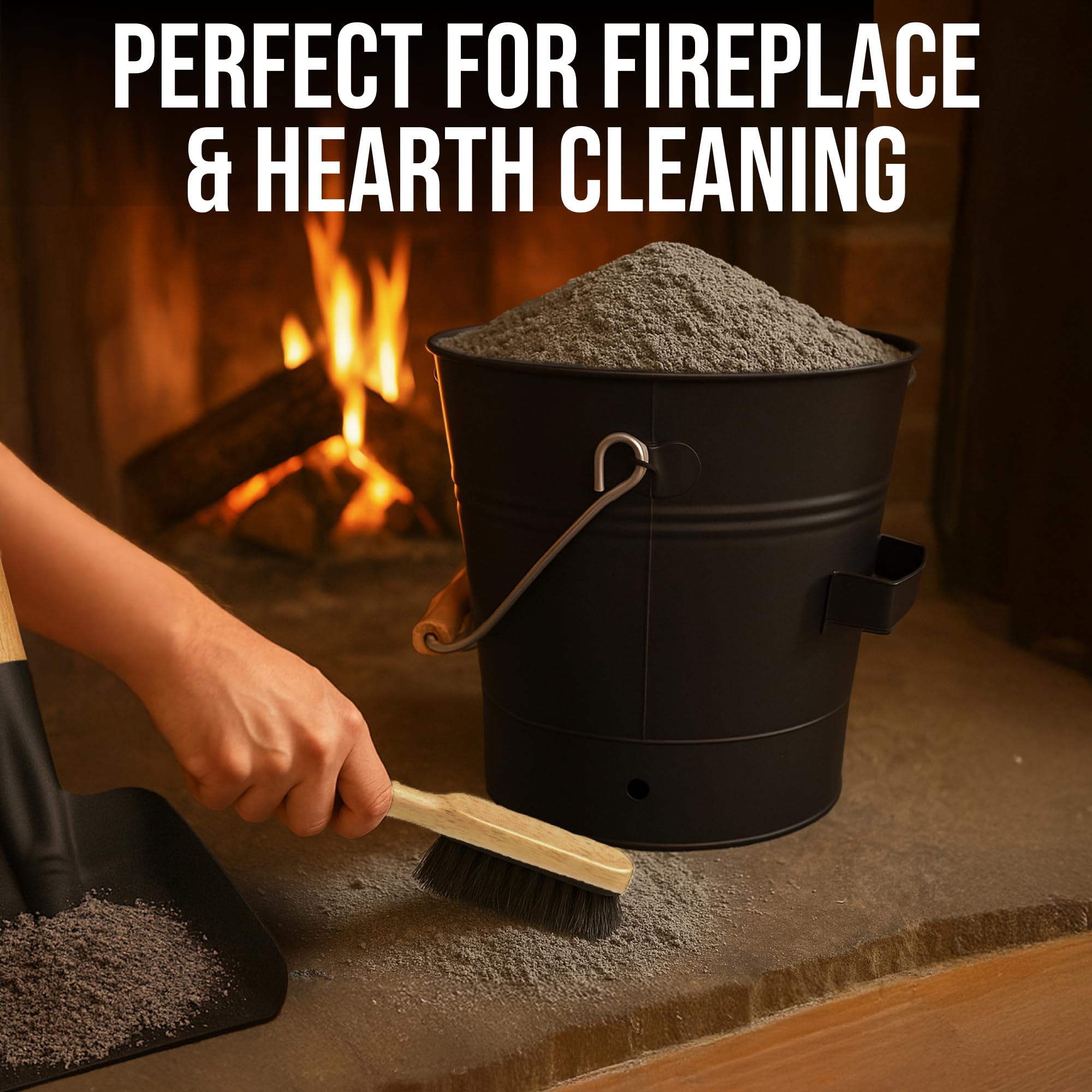 Smedley York fireplace tools set arranged beside a crackling stove.