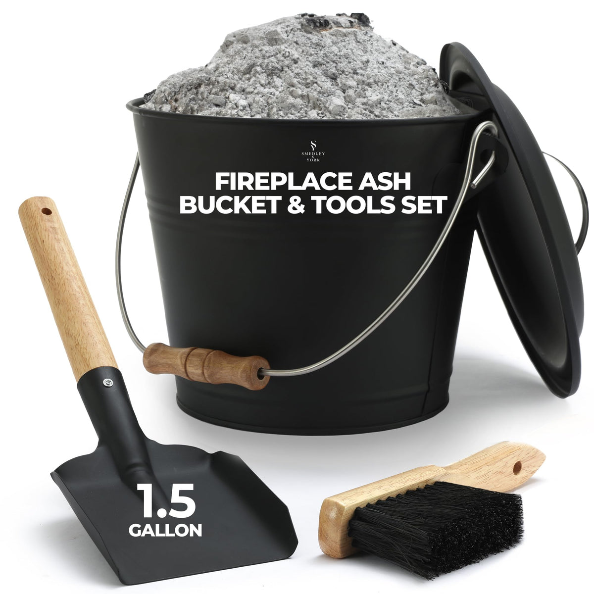 Smedley York mini ash bucket with lid and tools for tidy fireside cleanup.