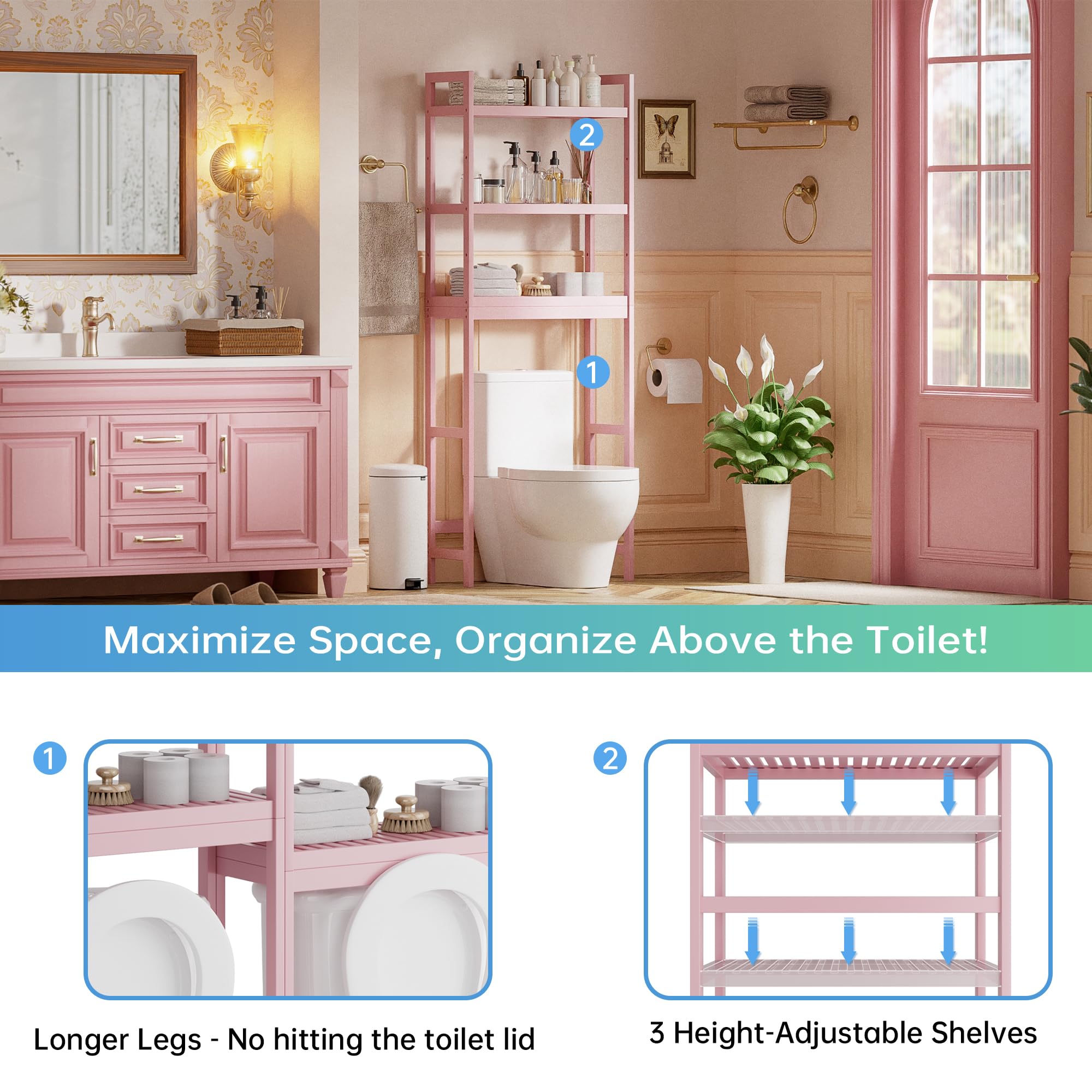 SMIBUY pink bath shelf assembly demonstrates easy setup and sturdy stability