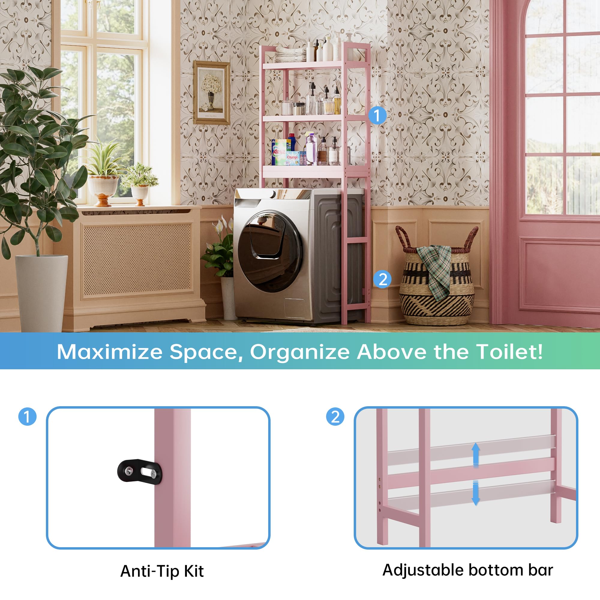 SMIBUY bamboo shelf pink dimensions highlight headroom above toilet