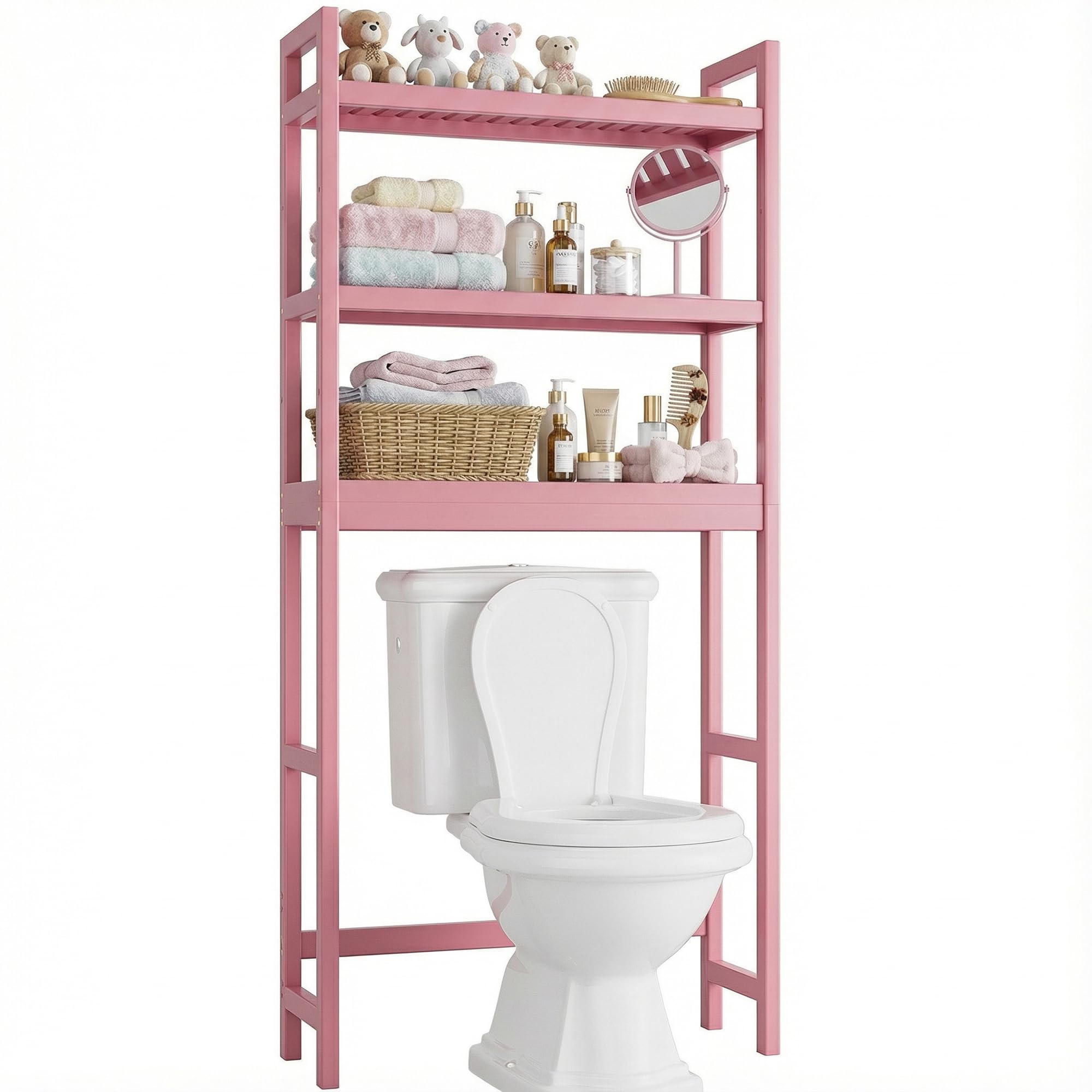 SMIBUY bamboo over-the-toilet shelf pink front view for convenient bathroom organization