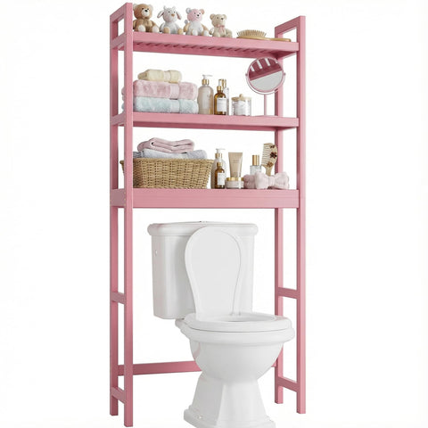 SMIBUY bamboo over-the-toilet shelf pink front view for convenient bathroom organization