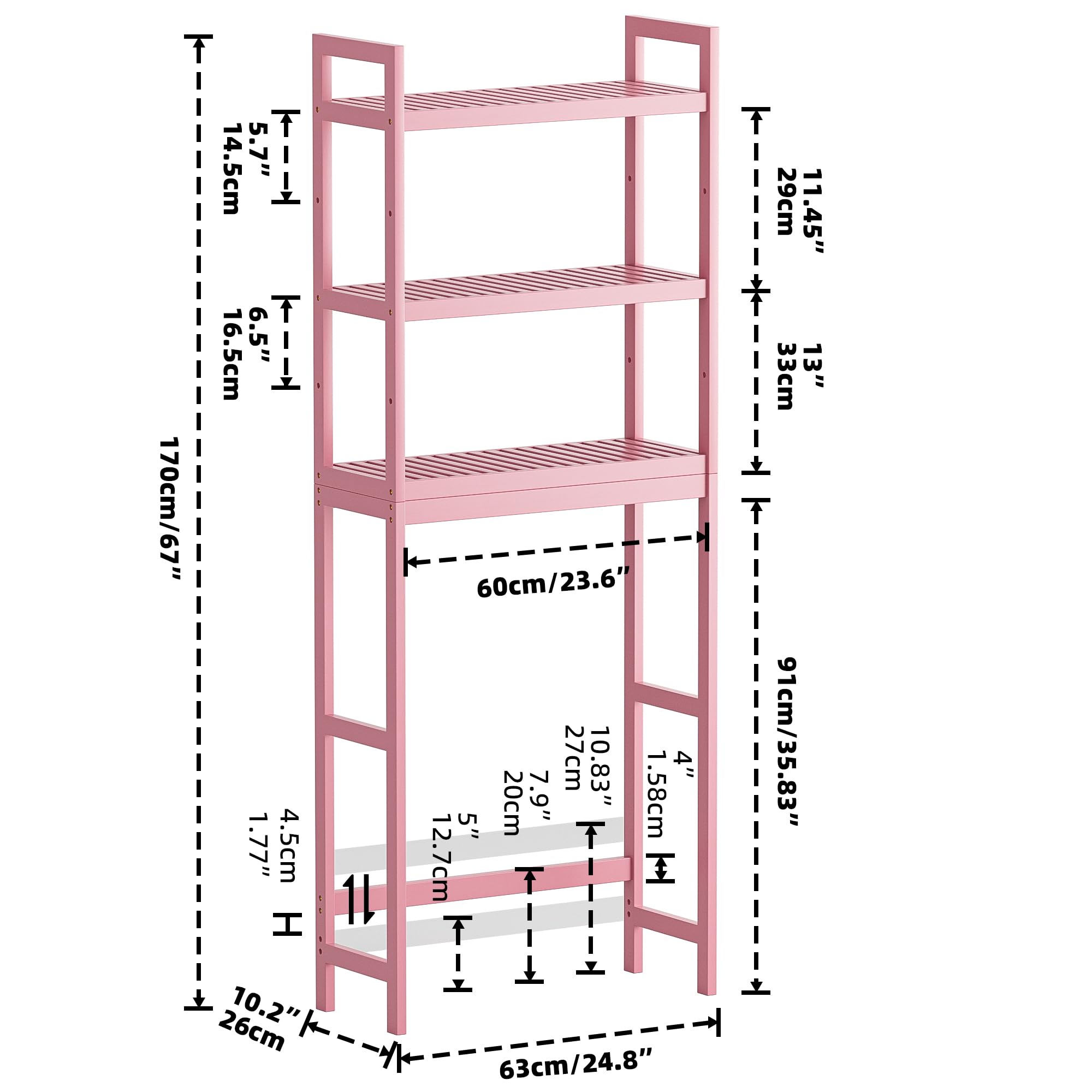 SMIBUY over-the-toilet shelf pink height showcase fits tall and short items