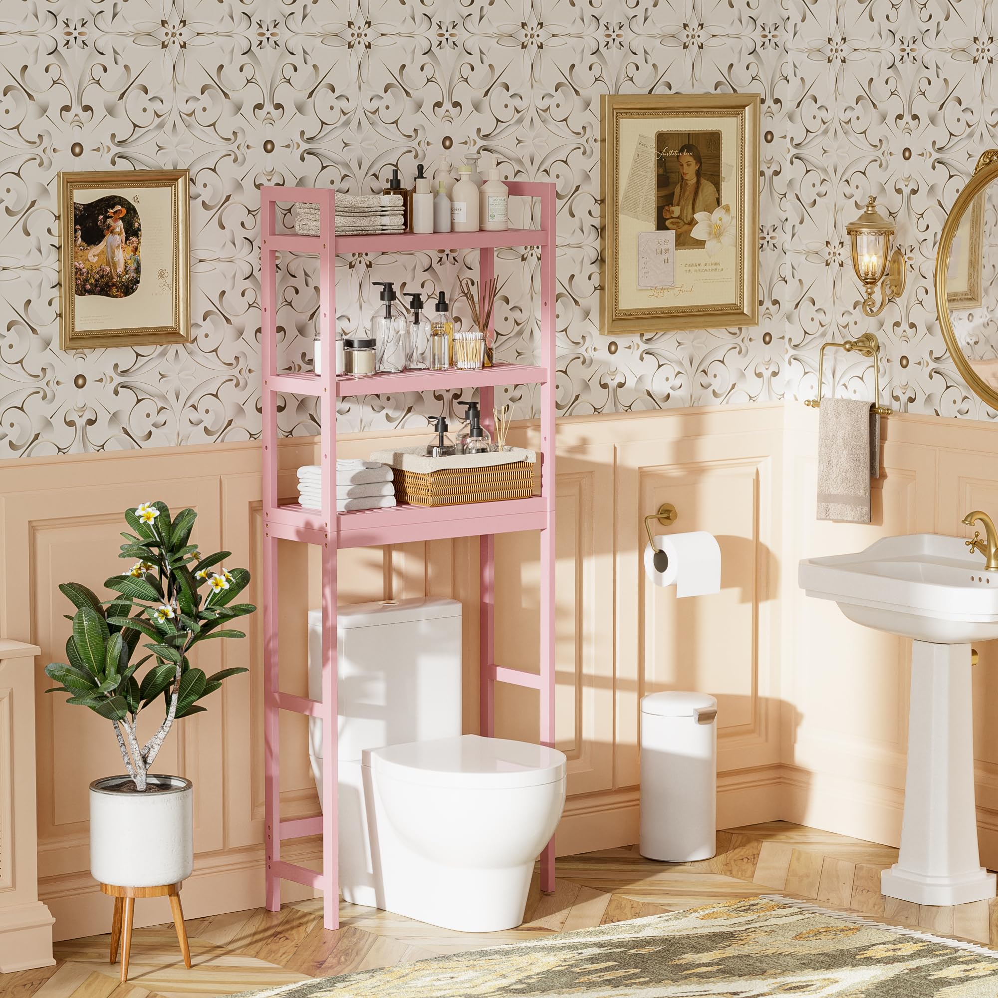 SMIBUY pink over-the-toilet unit with towels, toiletries neatly organized
