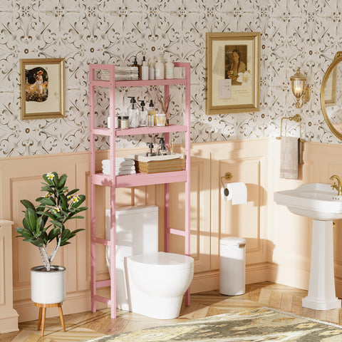 SMIBUY pink over-the-toilet unit with towels, toiletries neatly organized