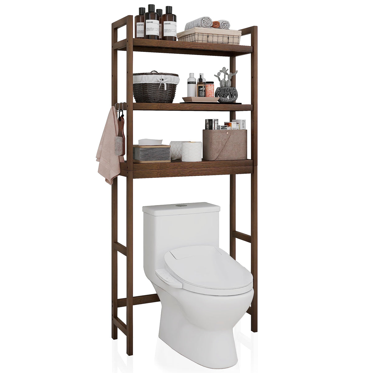 Smibuy bamboo over-toilet shelf in walnut finish adds stylish bathroom storage