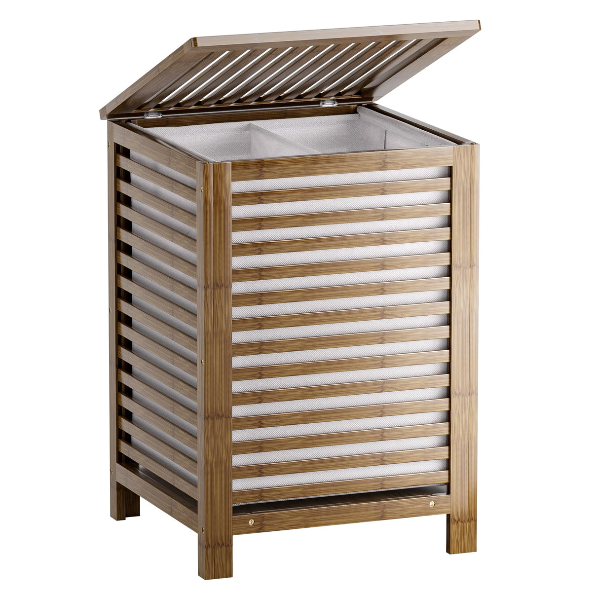 SMIBUY double laundry hamper with lid in walnut finish for organized laundry storage.