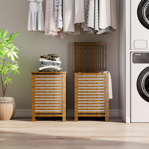 SMIBUY walnut-toned hamper enhances bedroom or bathroom decor.
