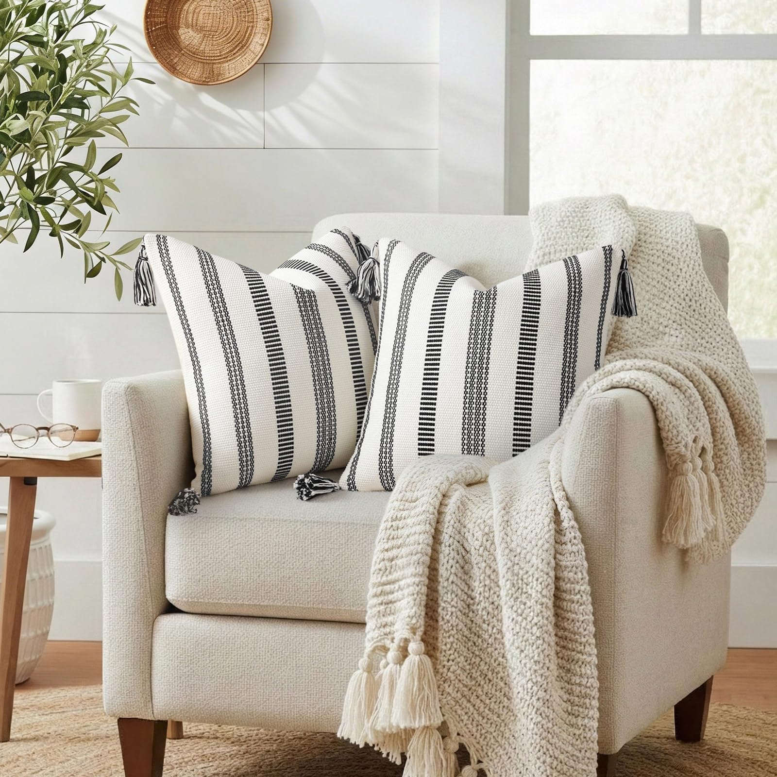 Smile Bee striped pillow cover on chair brings modern farmhouse charm.