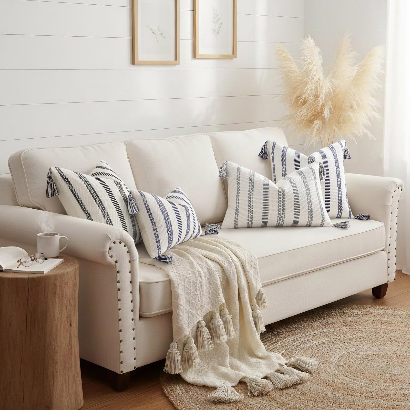 Smile Bee pillow cover front fabric mix adds depth to lounge area.