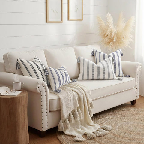 Smile Bee pillow cover front fabric mix adds depth to lounge area.