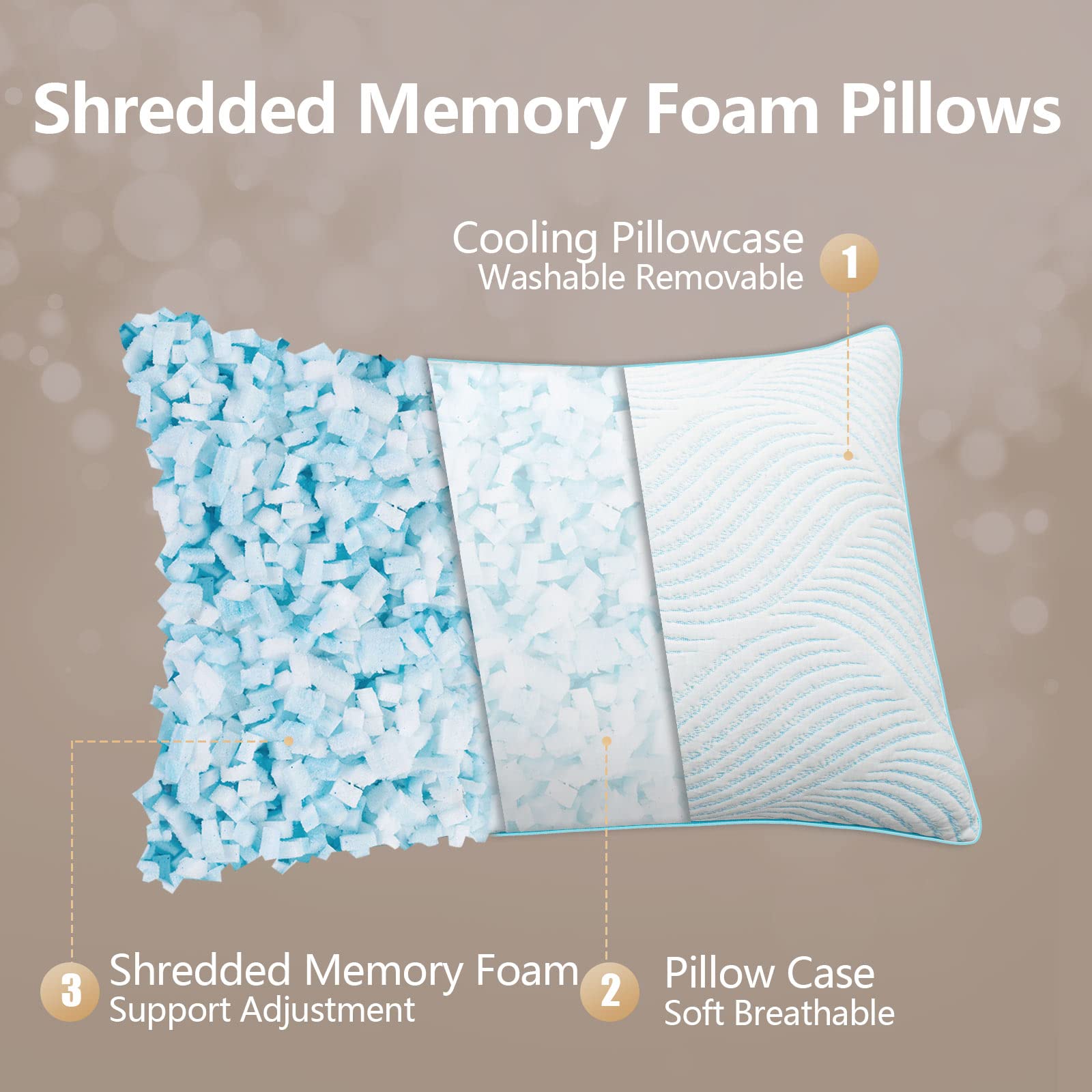 Smilereve cooling memory foam pillow queen pack top view with dual-fabric design.