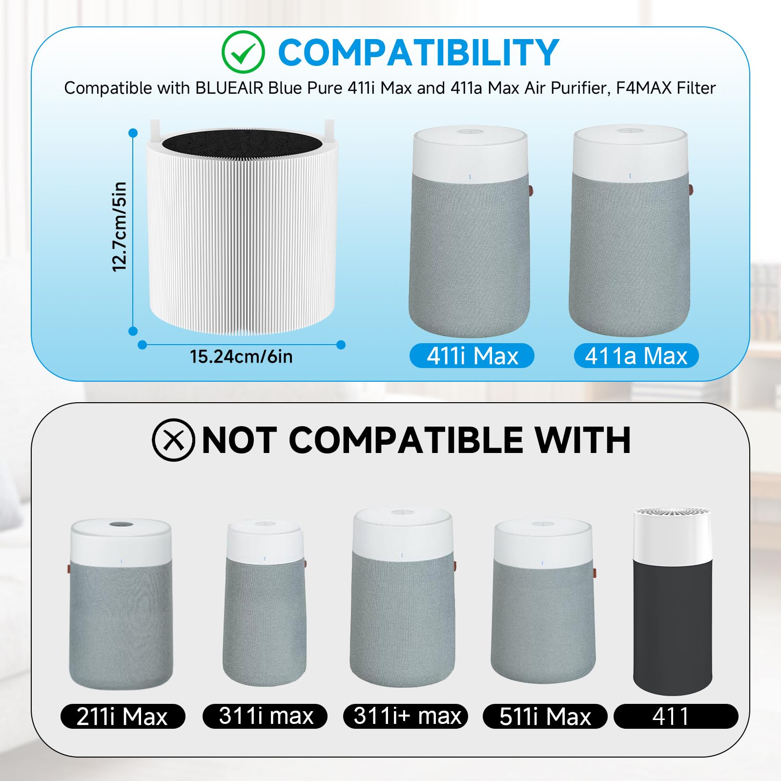 Compatibility view showing 411i Max and 411a Max fit for Smilyan filter