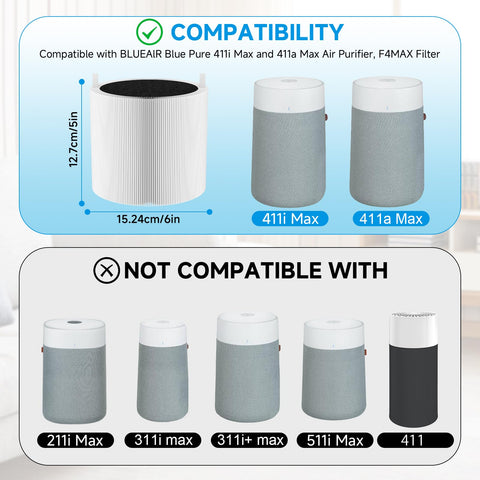 Compatibility view showing 411i Max and 411a Max fit for Smilyan filter