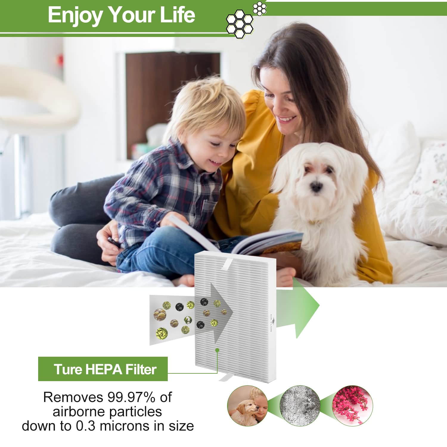 Smilyan HPA300 true HEPA material label emphasizes high-efficiency filtration