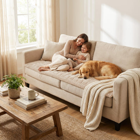Smiry apricot couch cover acts as a stain protector for cushions.