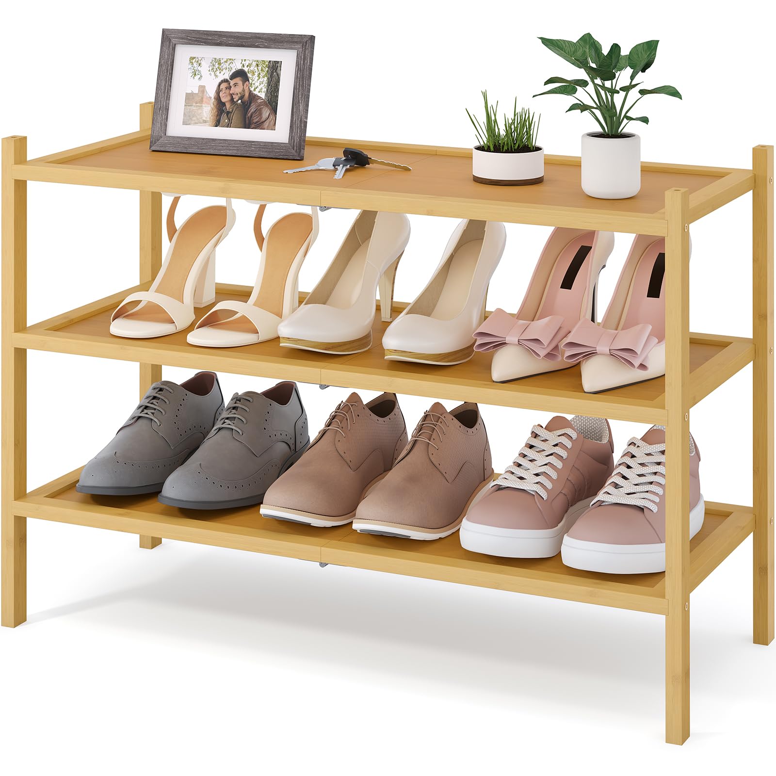 Smiry bamboo shoe rack with a 3-tier design for space-saving entryway organization