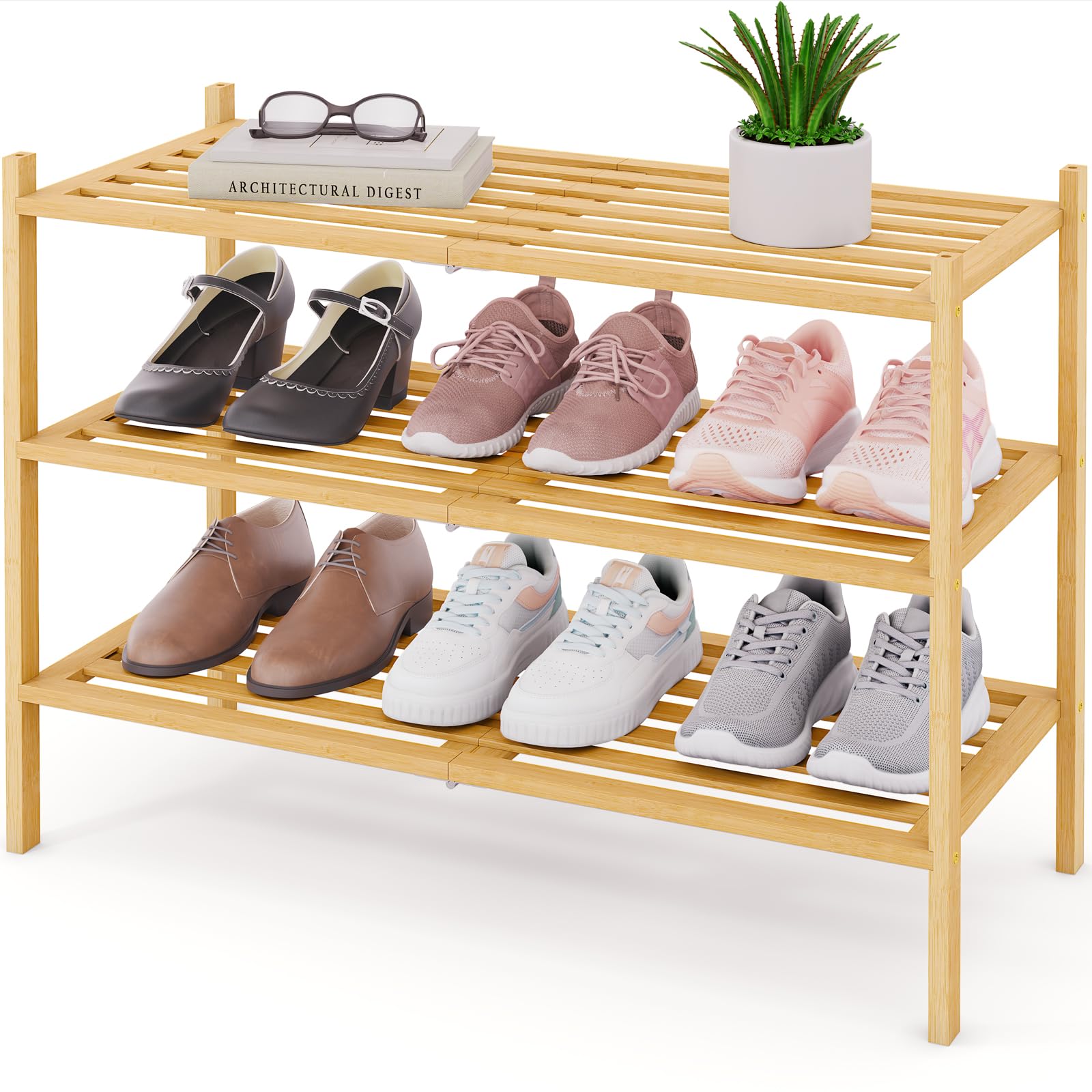 Smiry bamboo shoe rack 3-tier front view showing organized entryway