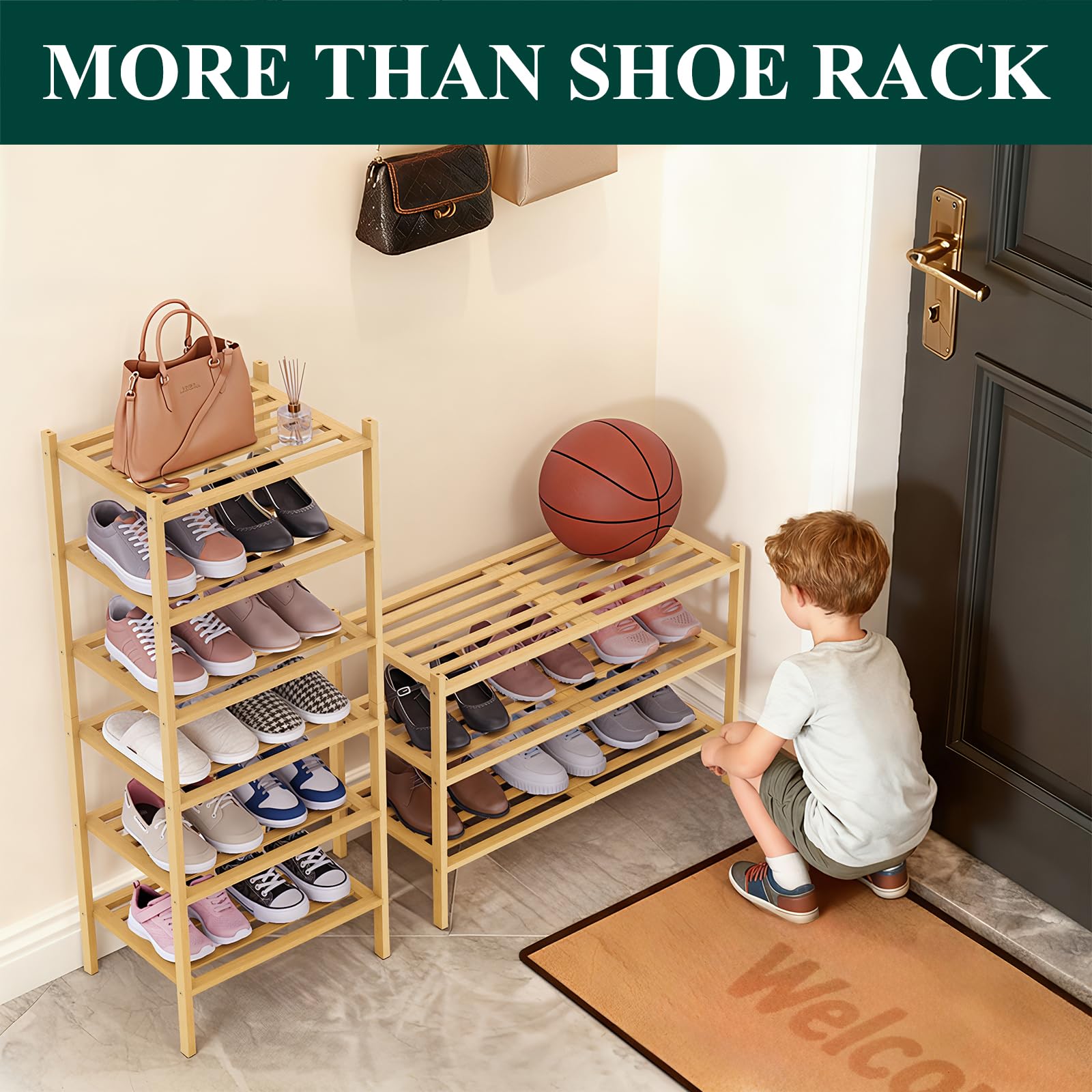 Smiry bamboo shoe rack close-up highlights bamboo slats and finish
