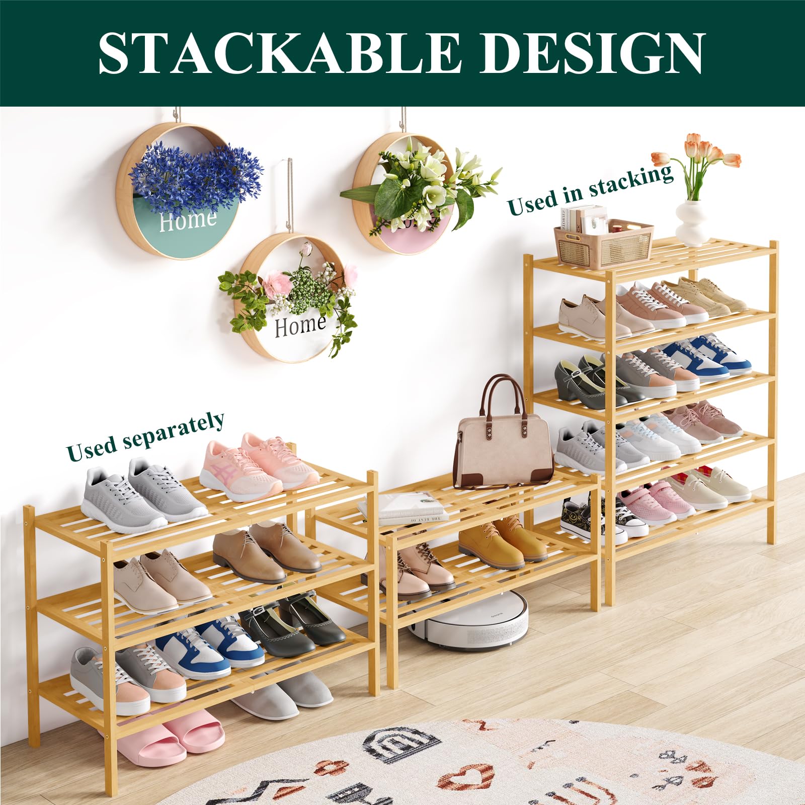 Smiry bamboo shoe rack in entryway demonstrating tidy footwear area