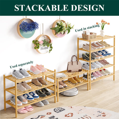Smiry bamboo shoe rack in entryway demonstrating tidy footwear area