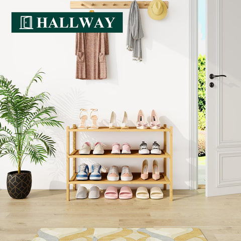 Shoes neatly organized on shelves with space for bags or plants