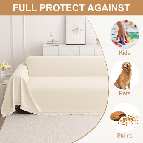 Smiry couch cover on a sofa protects against dog mess and spills.