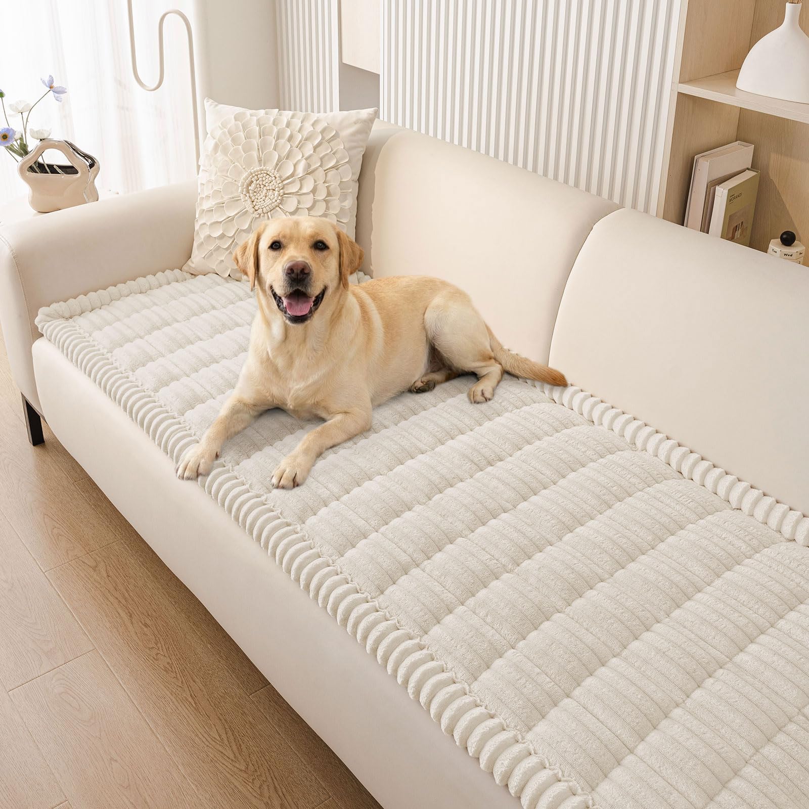 Smiry couch cover with durable fabric protects furniture from pet scratches.