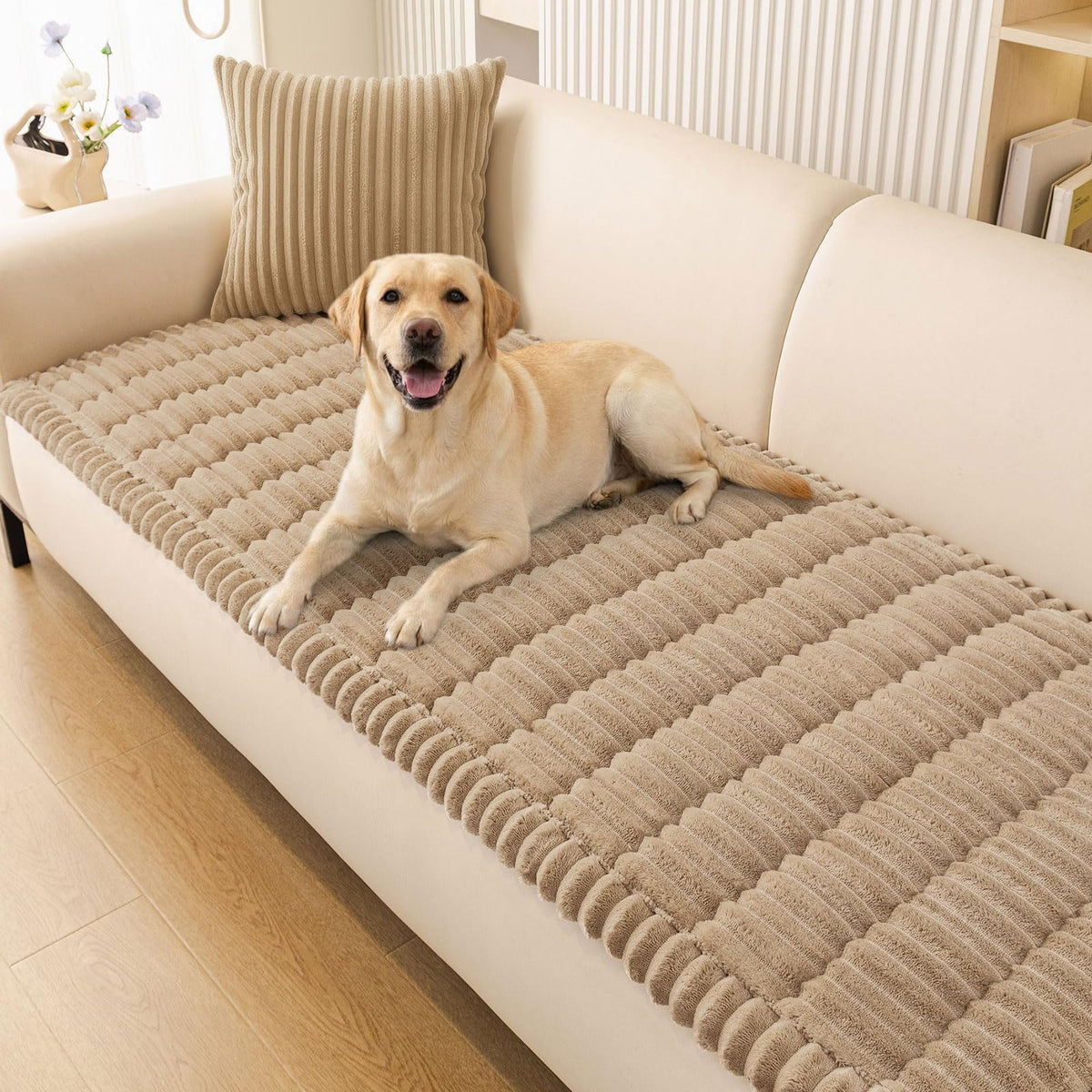 Smiry couch cover closeup in khaki fabric showcasing soft, durable texture for pets.