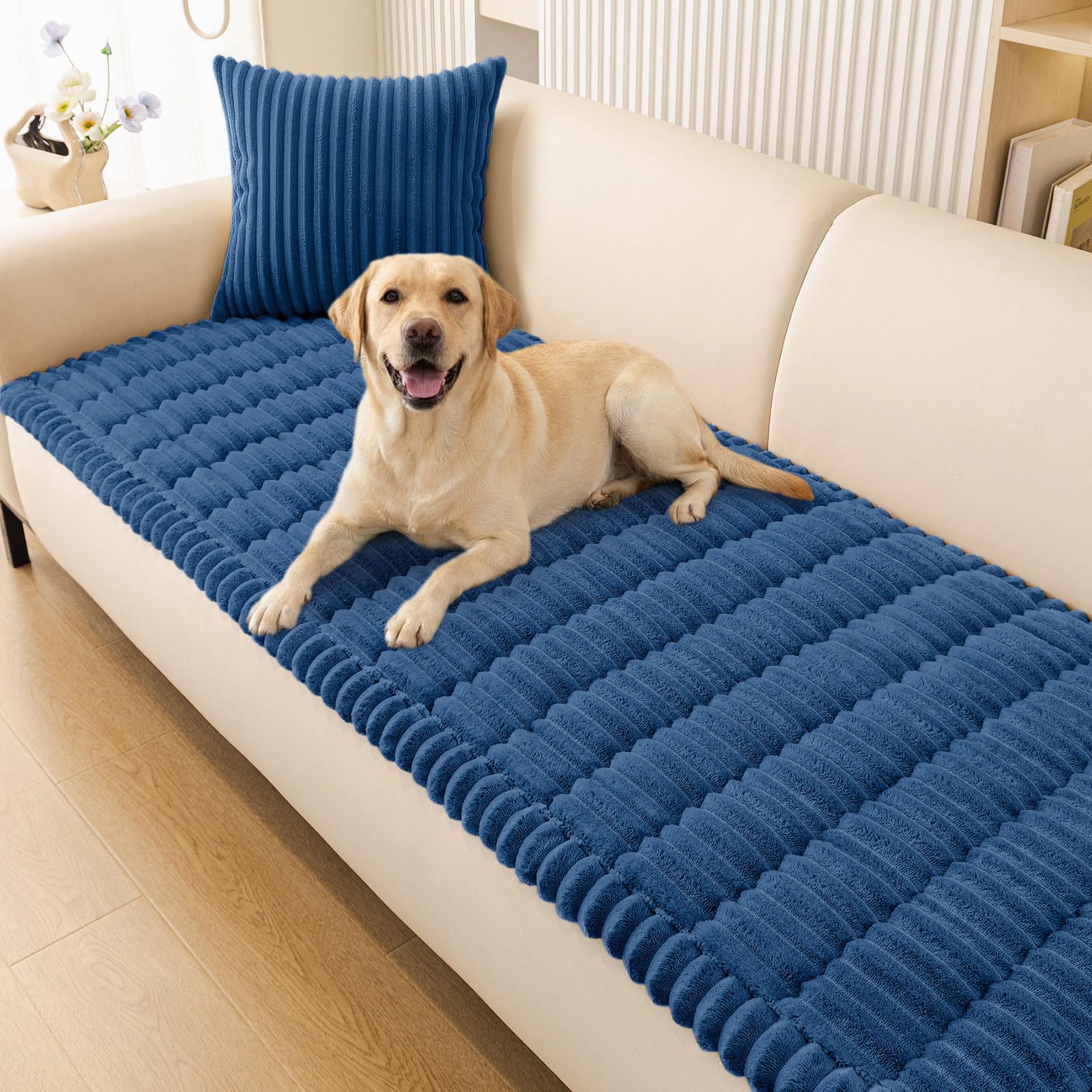 Smiry couch cover on sofa with dogs protects furniture from scratches.
