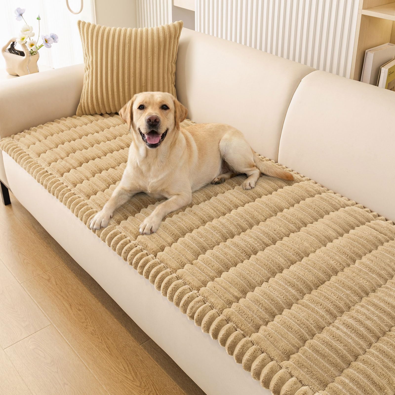 Smiry couch cover in camel offers a soft, washable fabric for pet-friendly protection.