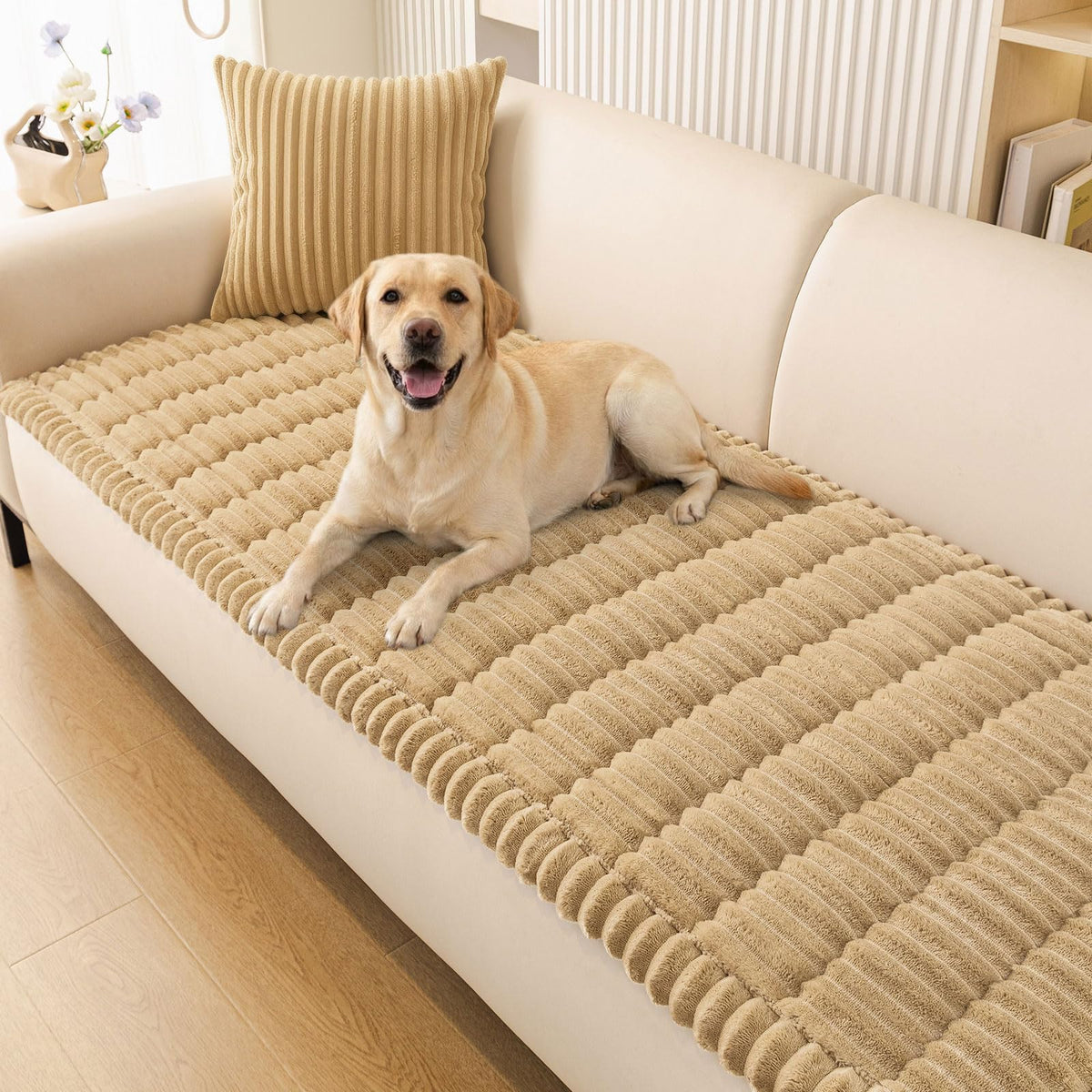 Smiry couch cover in camel offers a soft, washable fabric for pet-friendly protection.