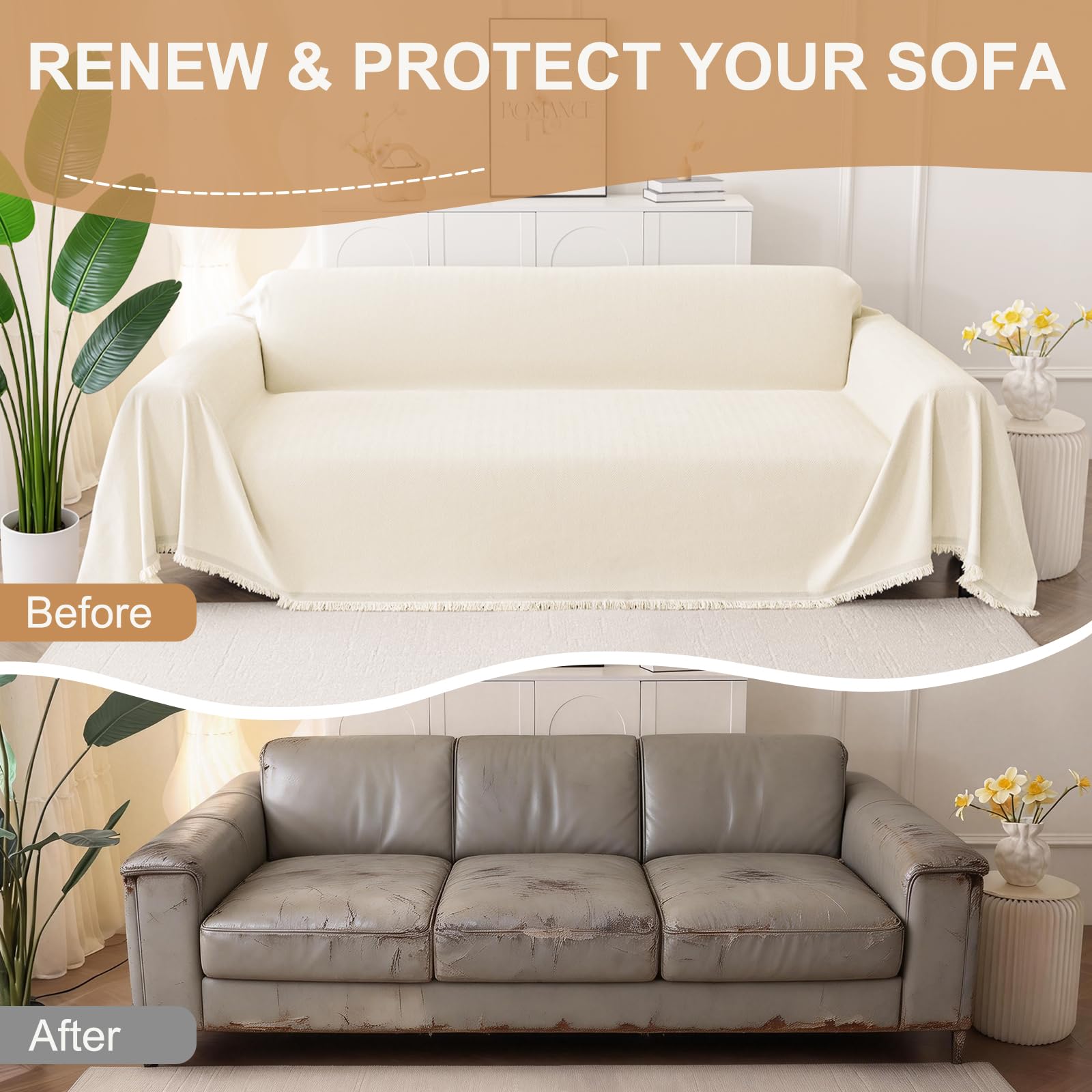 Smiry couch cover demonstrates quick and easy installation with drape-and-tuck.