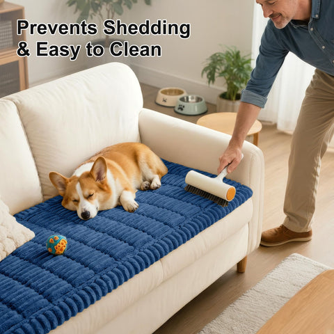 Pet-friendly Smiry couch cover guards upholstery during playtime and naps.