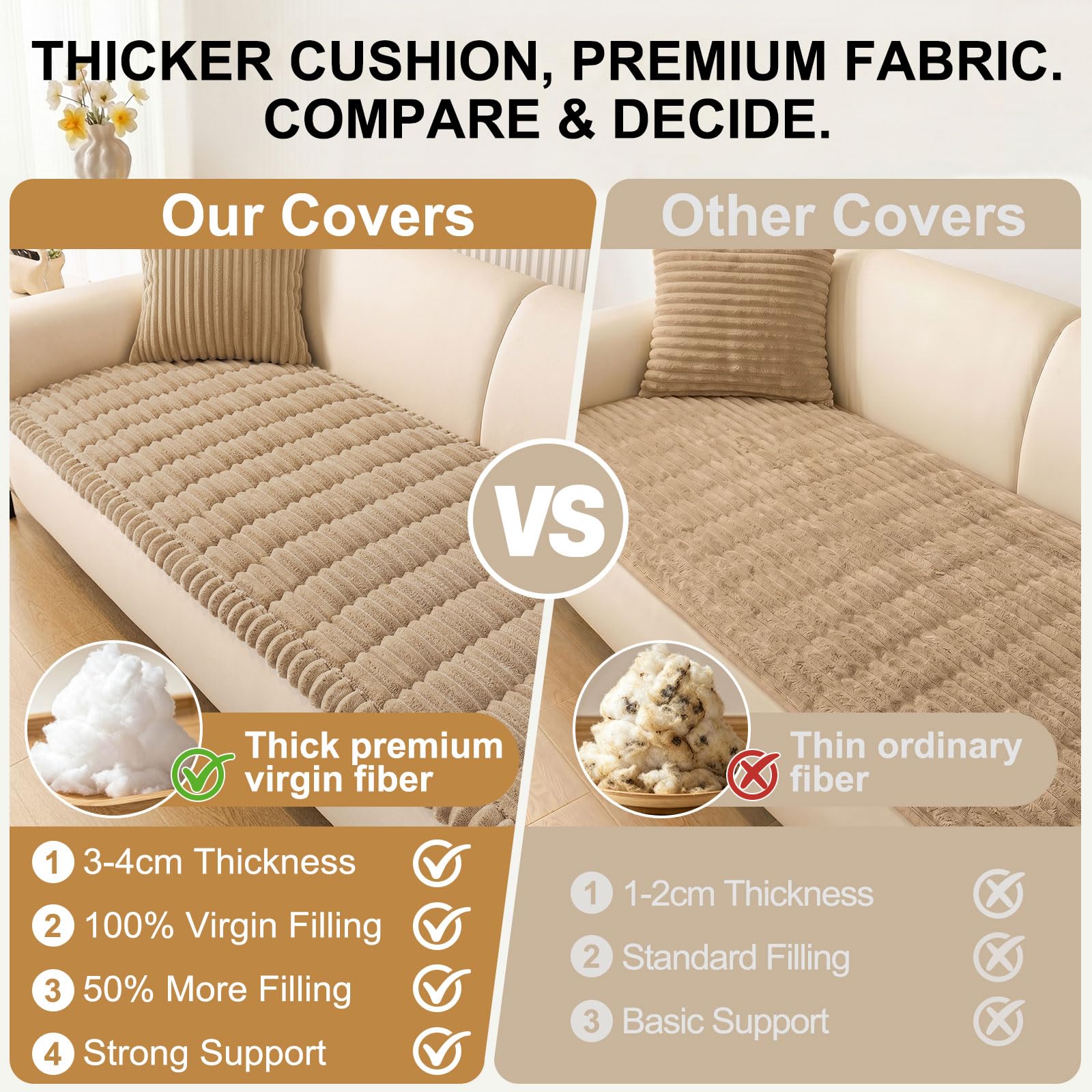Smiry couch cover in khaki blends with decor while protecting furniture.