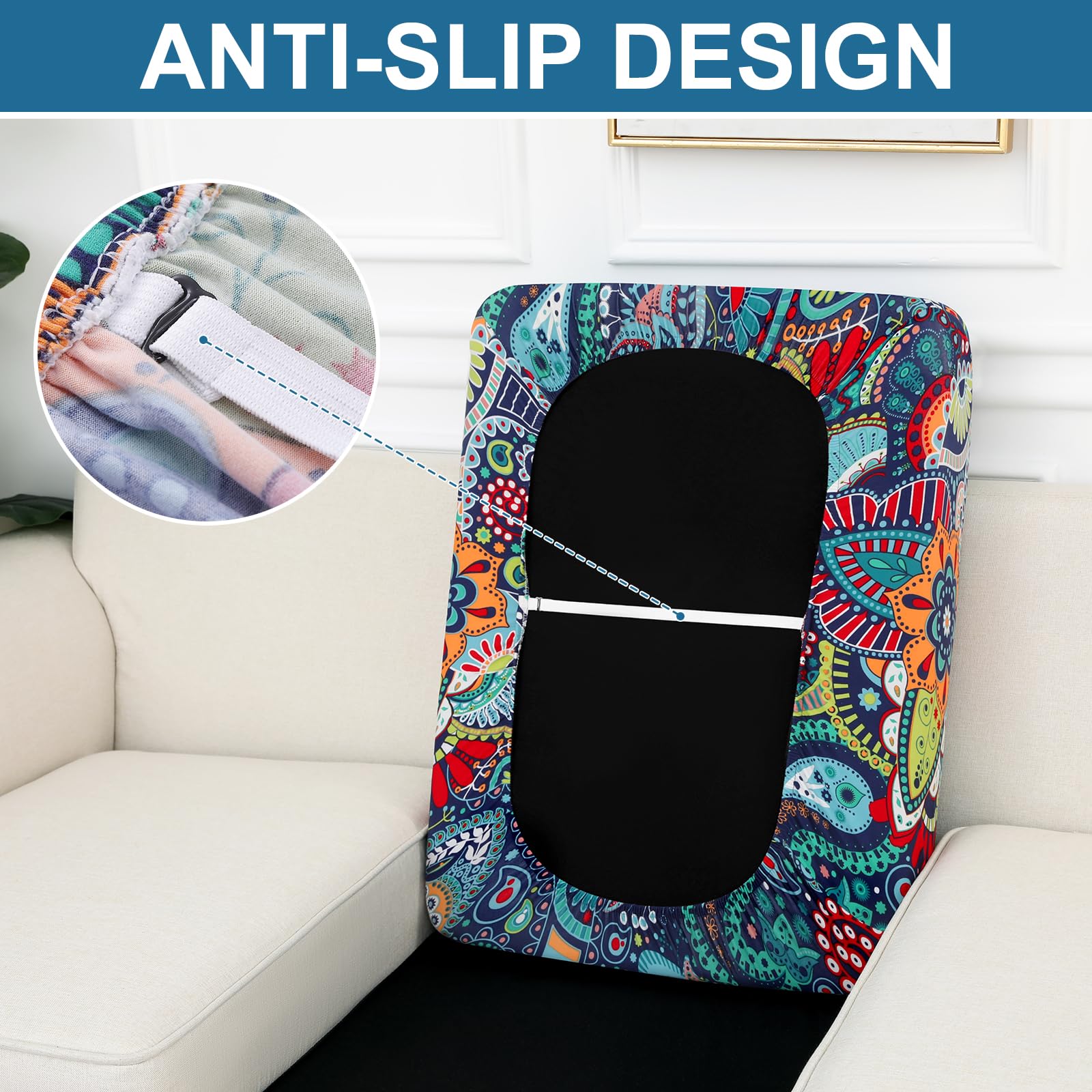 Smiry cushion cover with metal hooks for quick secure installation on furniture.
