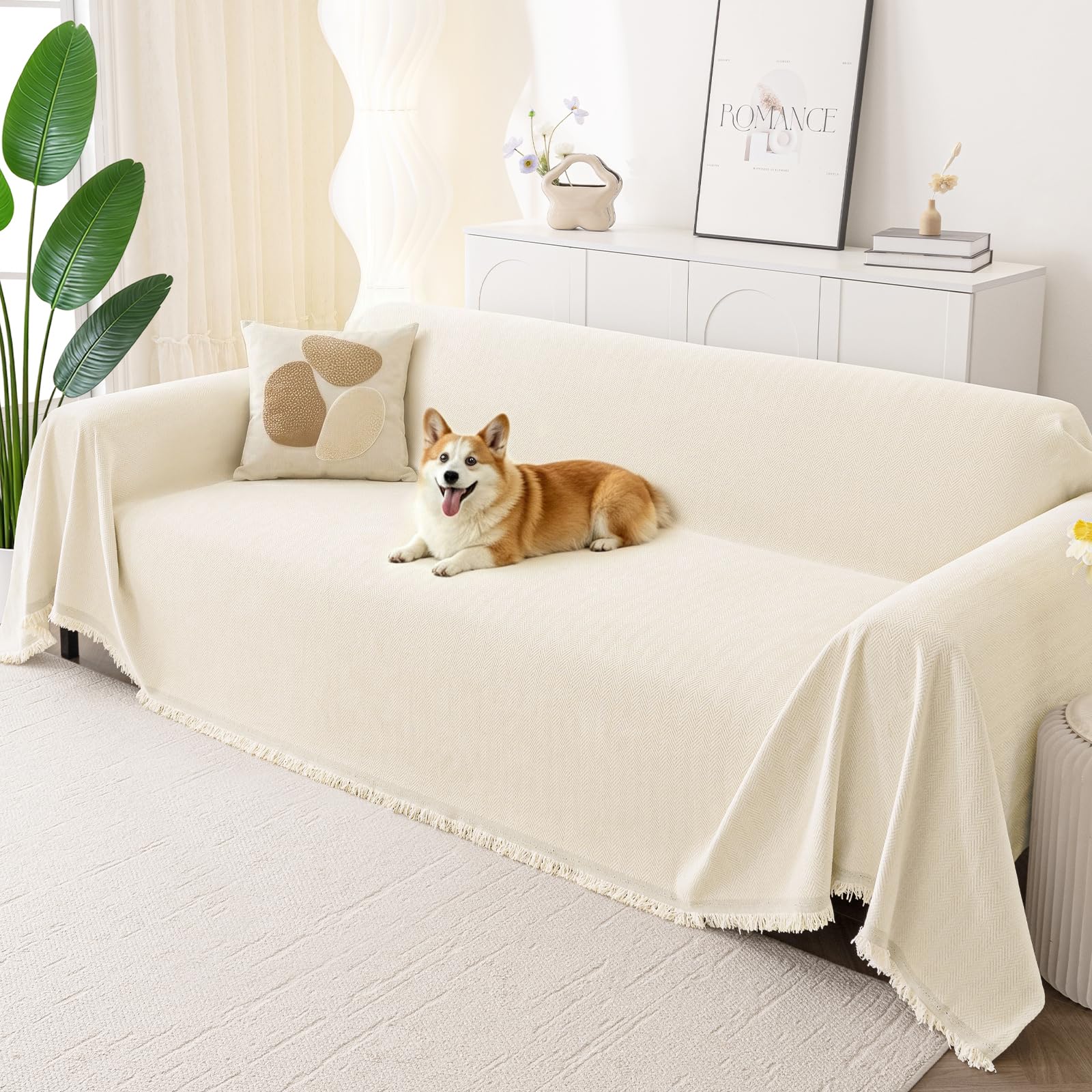 Smiry couch cover in soft chenille fabric shows plush texture and year-round comfort.