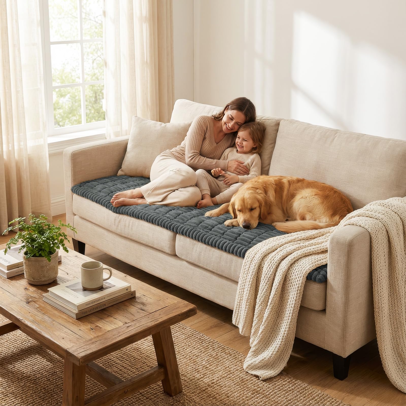 Smiry couch cover features thick soft fabric for comfort.