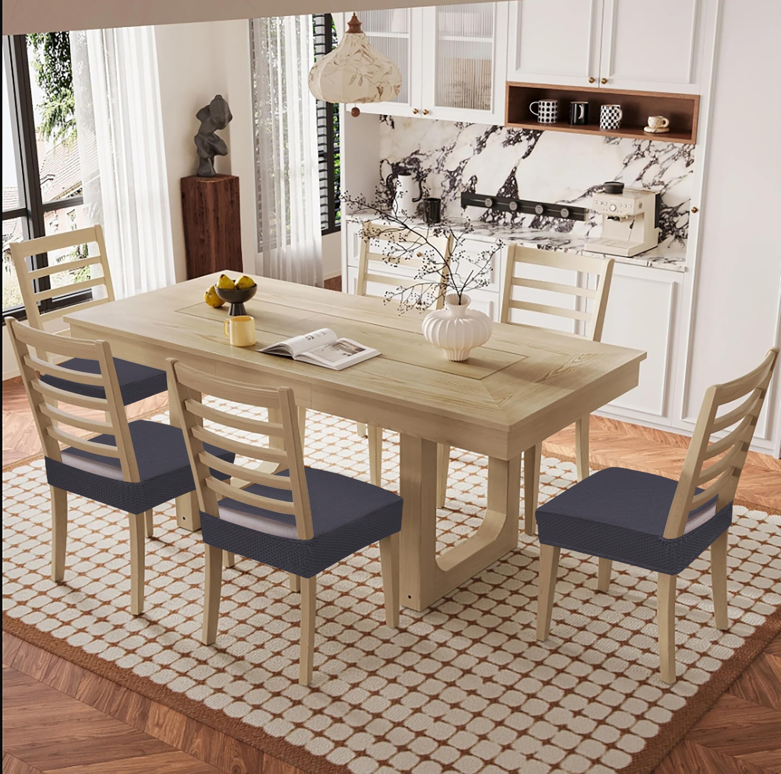 Smiry dark-grey dining chair protector matches modern kitchen décor.