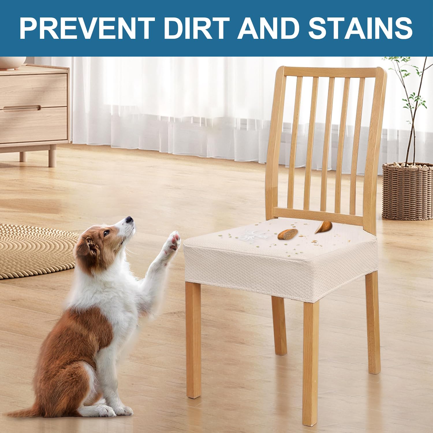 Smiry beige dining room decor enhances ambiance while protecting chairs