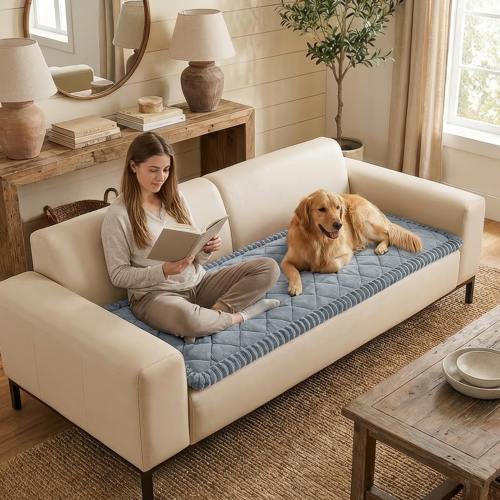Smiry fuzzy couch cover highlights scratch-proof protection for furniture.