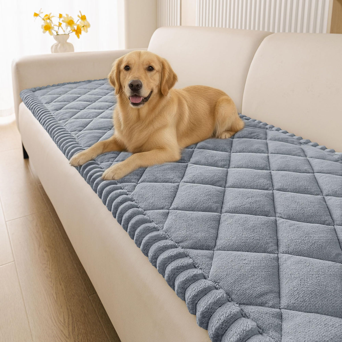 Smiry fuzzy couch cover with non-slip back protects sofa from pet hair