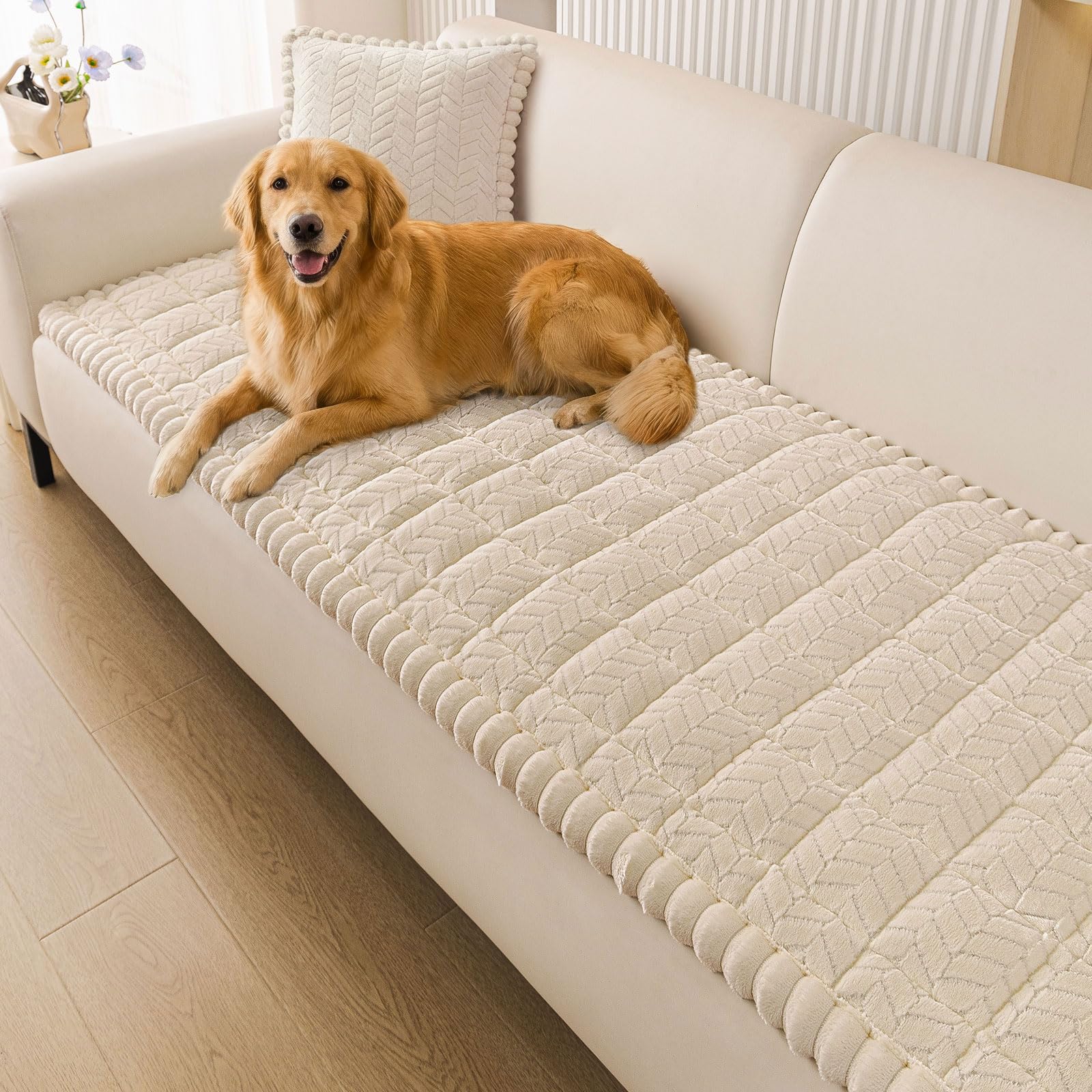 Smiry non-slip couch cover in apricot grips the sofa securely.