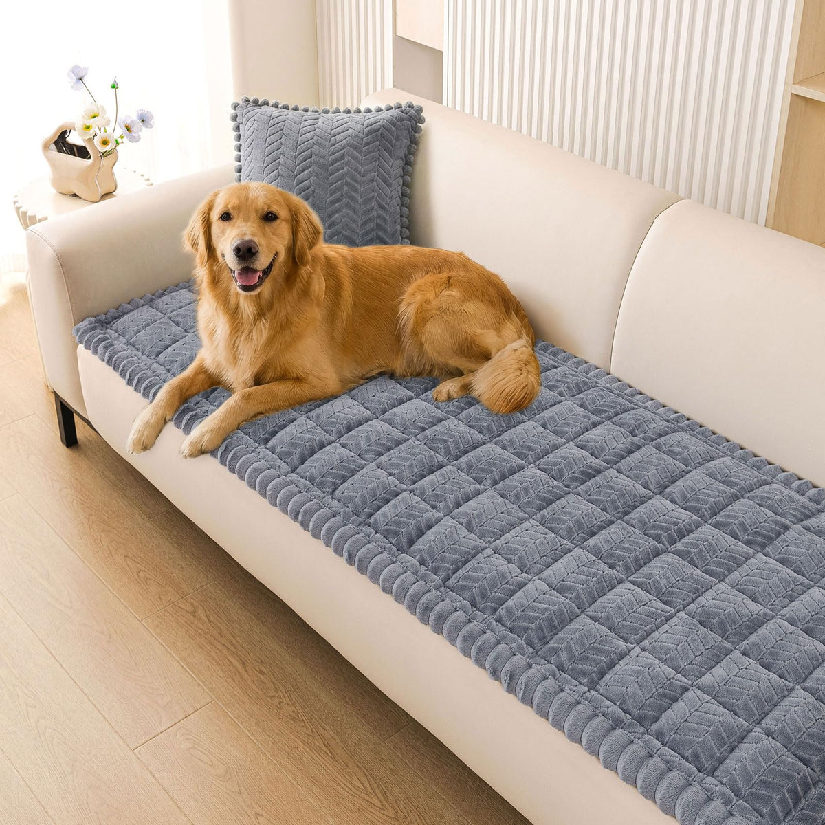 Smiry non-slip dog couch cover, fuzzy grey close-up, soft texture for pet comfort