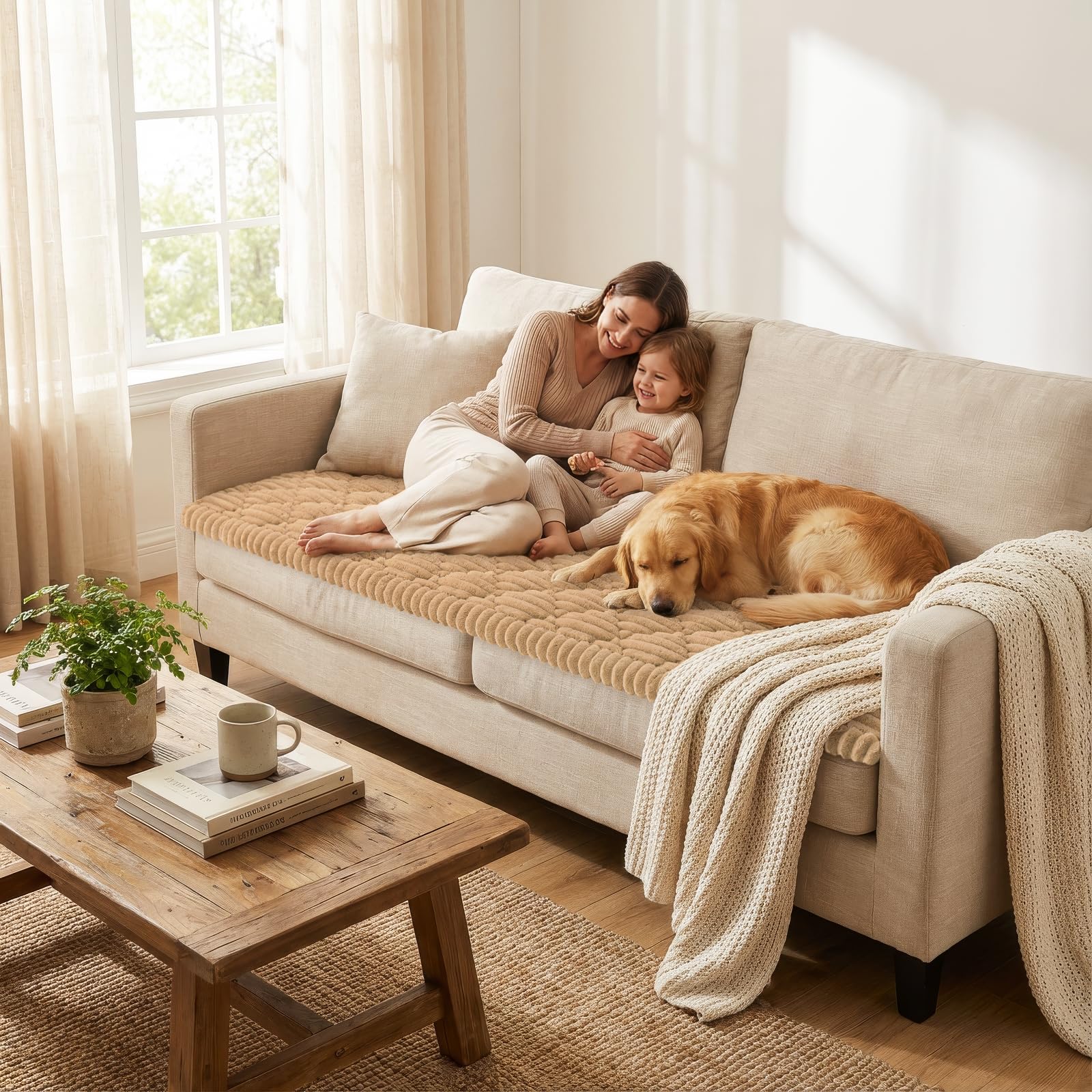 Smiry camel couch cover with non-slip bottom demonstrating stable placement.