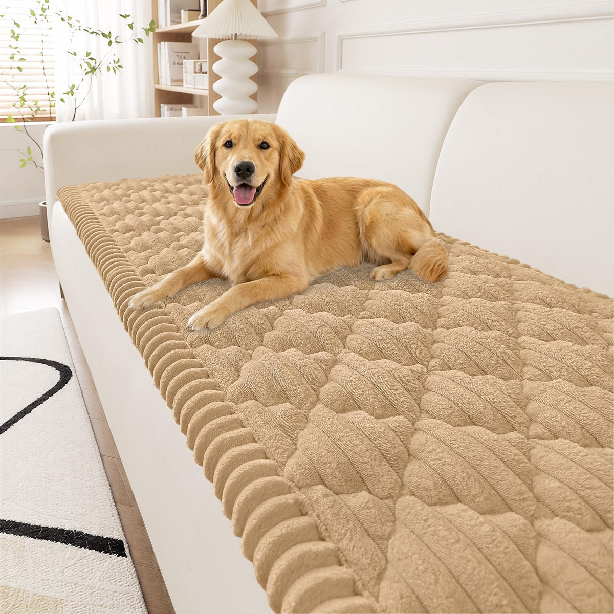 Smiry camel plush close-up of the pet couch cover showing softness and fur protection.